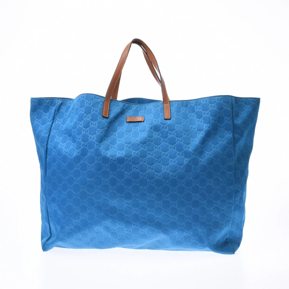 GUCCI GG Blue Brown Leather Tote Bag